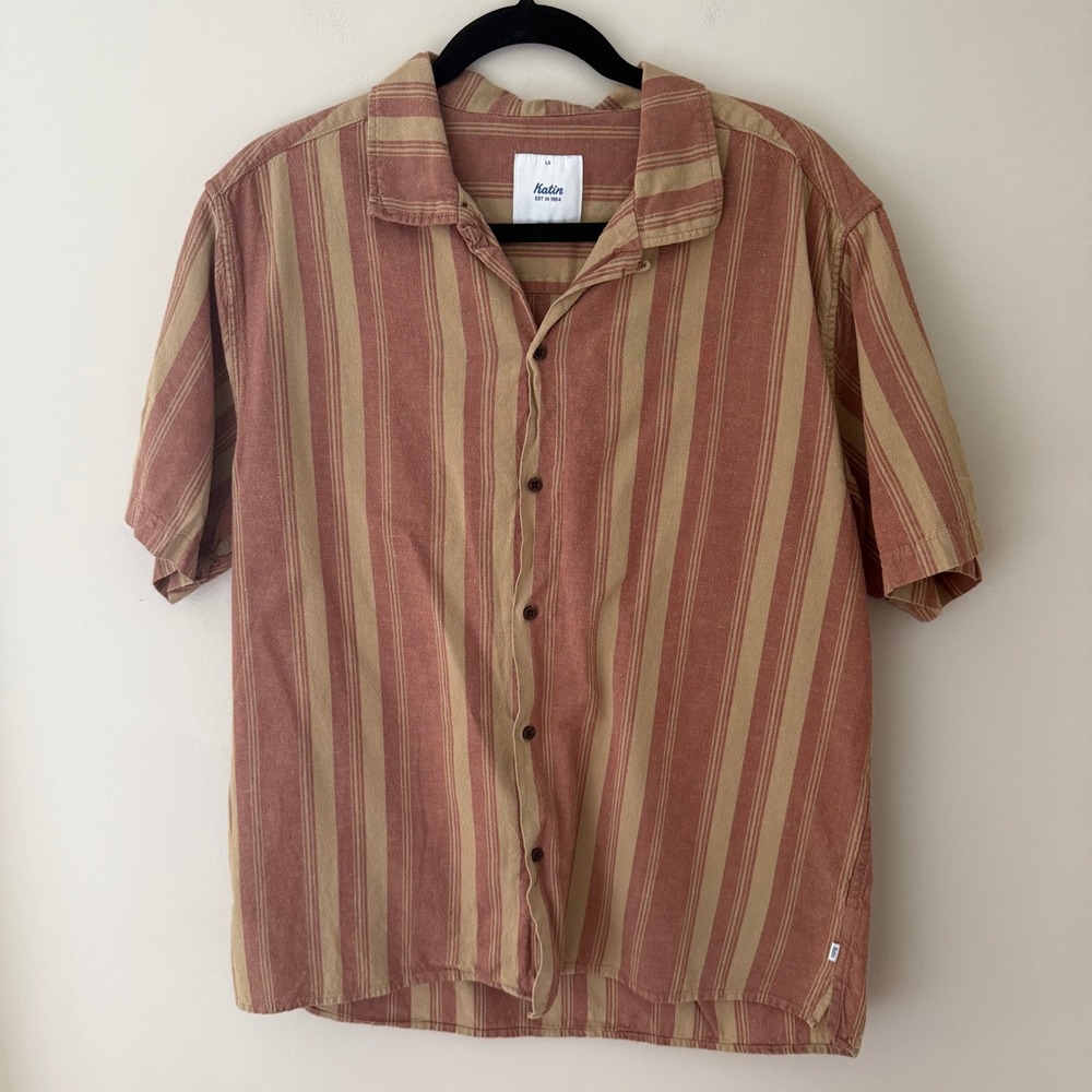 Katin Mens Large Terracotta Tan Striped Cotton Linen Short Sleeve Button Down